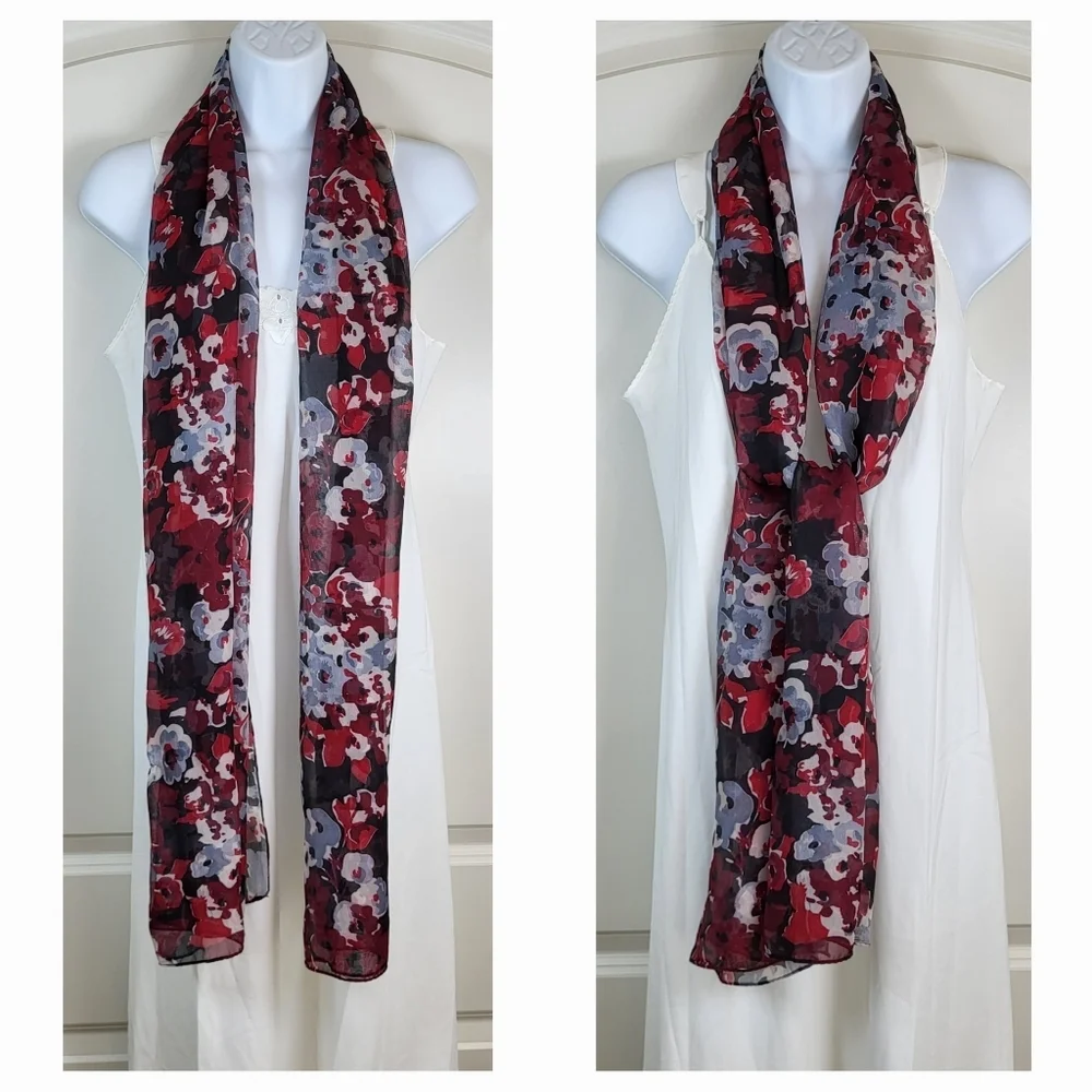 Black, Red and White Floral Print Lightweight Scarf -  70" x 20" - Picture 5 of 8
